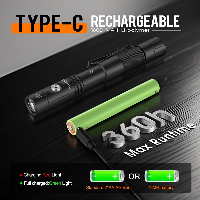 TUNENGE S22 1200 Lumens EDC Tactical Flashlight, Rechargeable 2AA Pen Light with COB Side Light & 365nm UV, 11 Modes, Magnetic Tail, Dual Switch for Camping,Home, Emergency