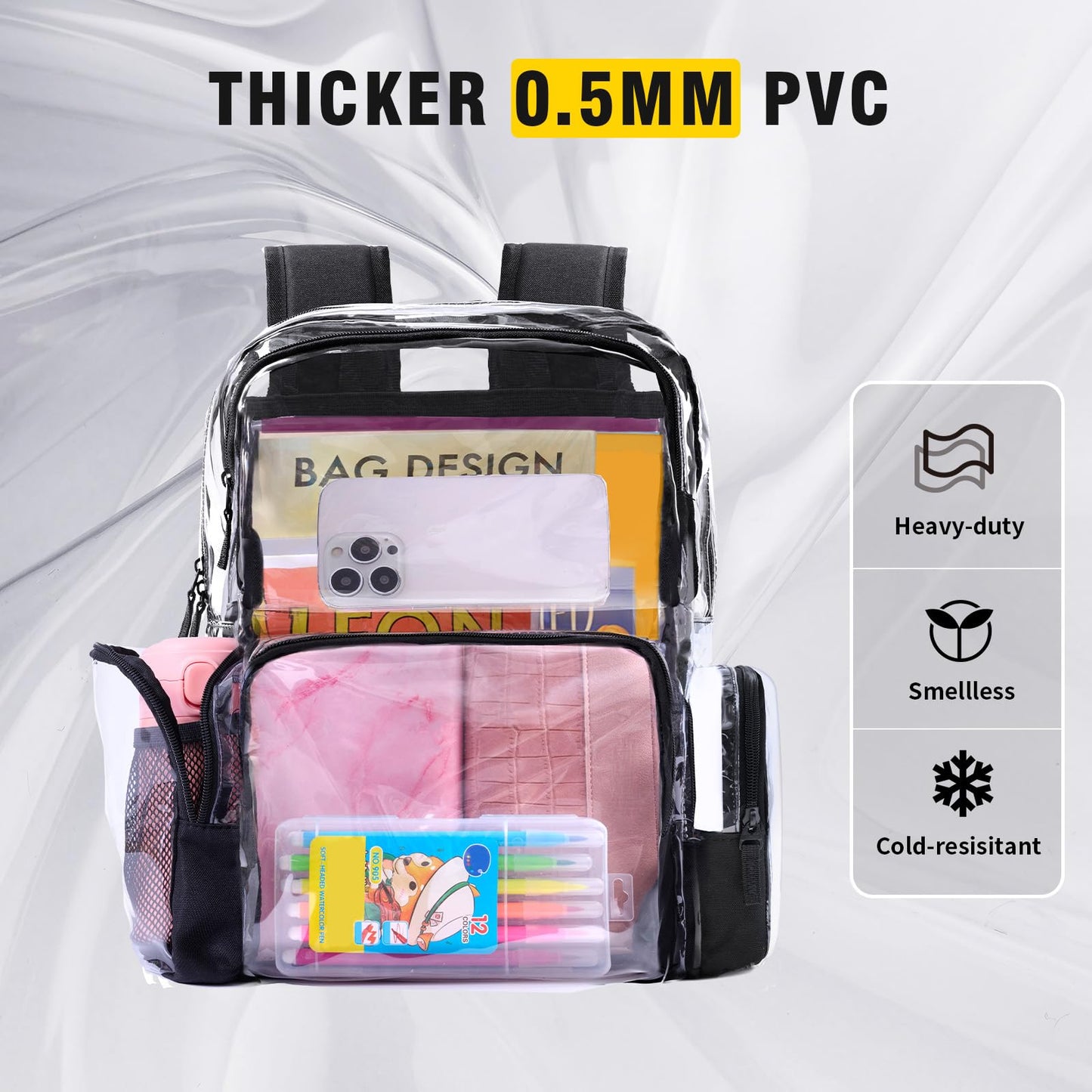 Vorspack Heavy Duty Clear Backpack, Extra Large Transparent Bookbag, Black