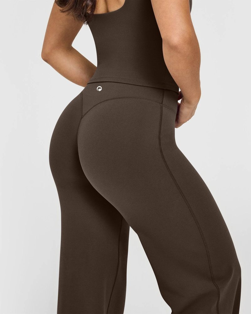 OQQ Yoga Pants Women High Waist Stretch Casual Soft Straight Leg Bottoms Darkbrown