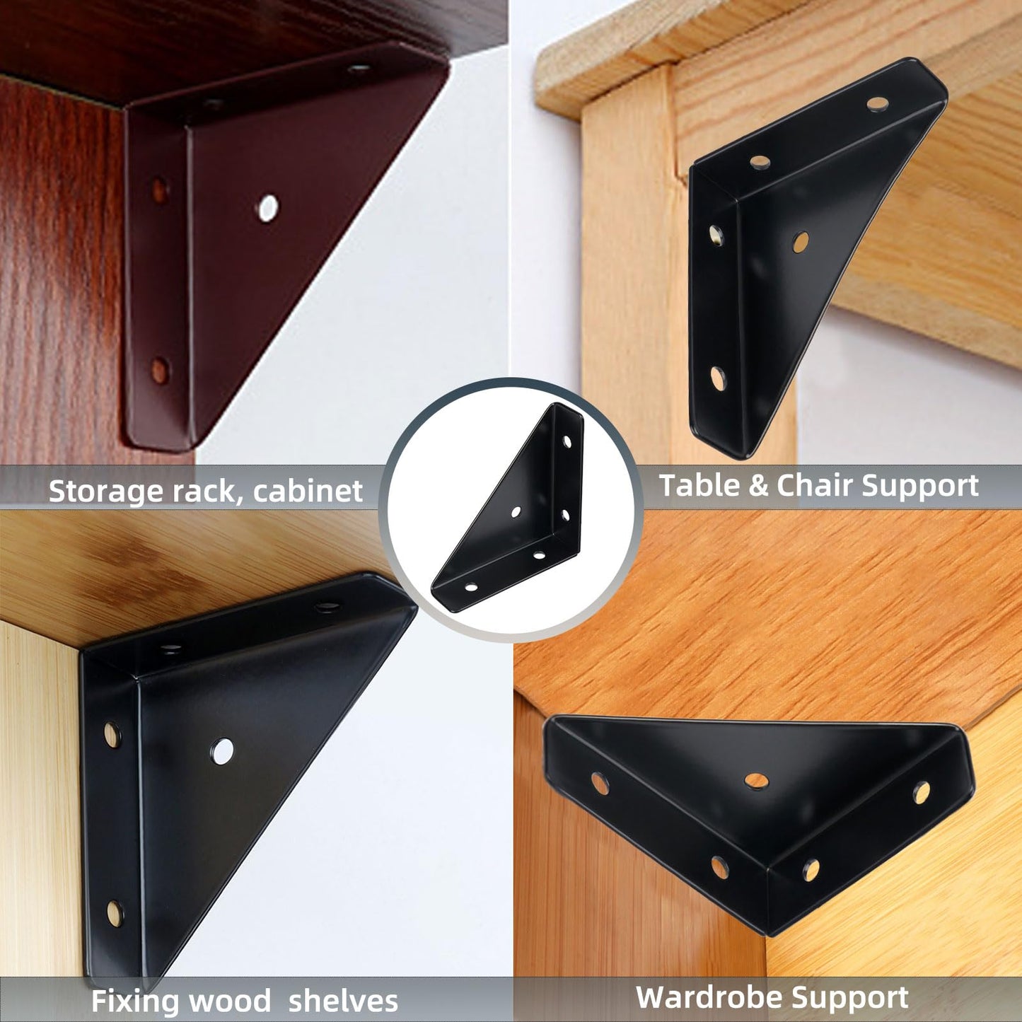 2.55'' Triangle Corner Braces Bracket (10 Pack) - Metal Angle Shelf Connector Brackets with Screws for Wood Shelves Furniture| Bookshelves/ Beds/ Tables/ Cabinets/ Desk (Black)