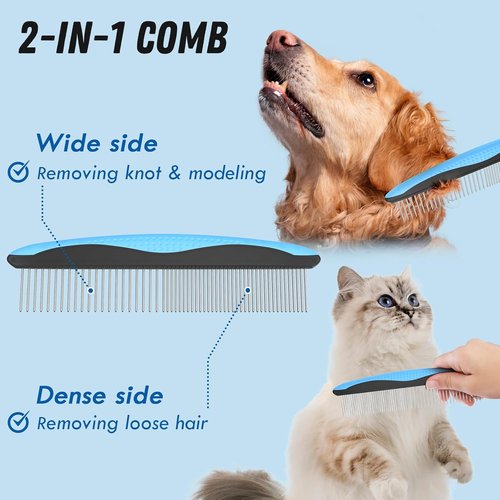 Docrok Pet Grooming Combo - Blue Deshedding Brush & Metal Comb for Long Fur Detangling