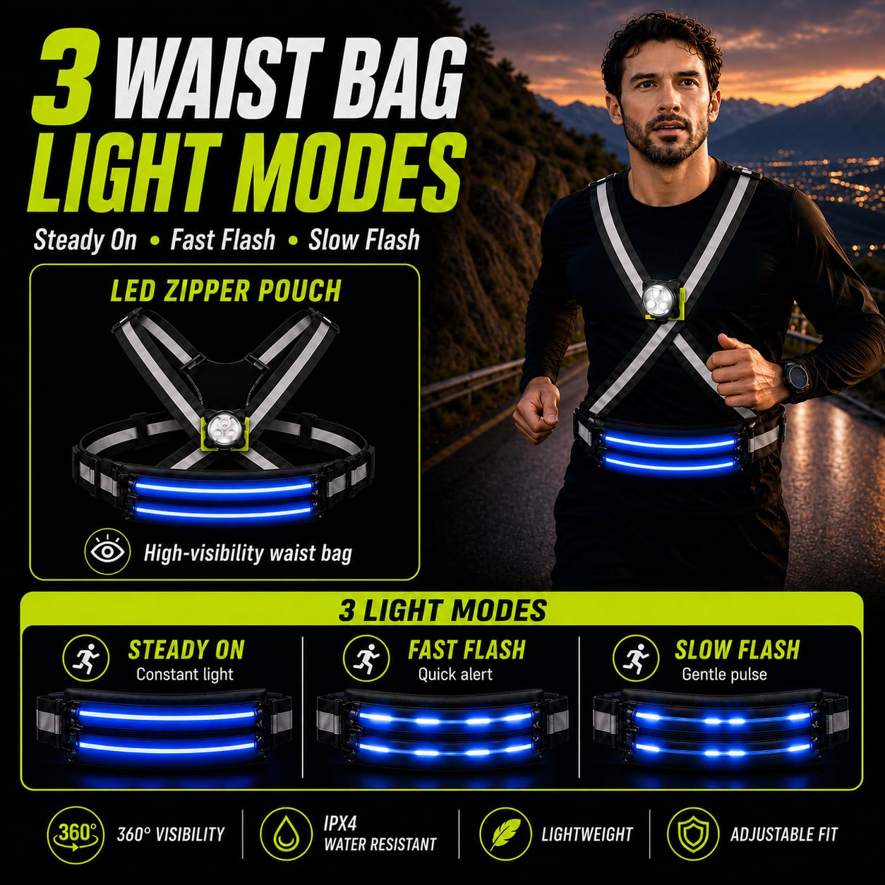 500LM Running Lights for Runners,7+8 Front & Back Light Modes & 360° Reflective Running Vest with Light Up Zip Waist Bag,IPX4 Waterproof High Visibility Rechargeable Gear for Night Walking/Cycling