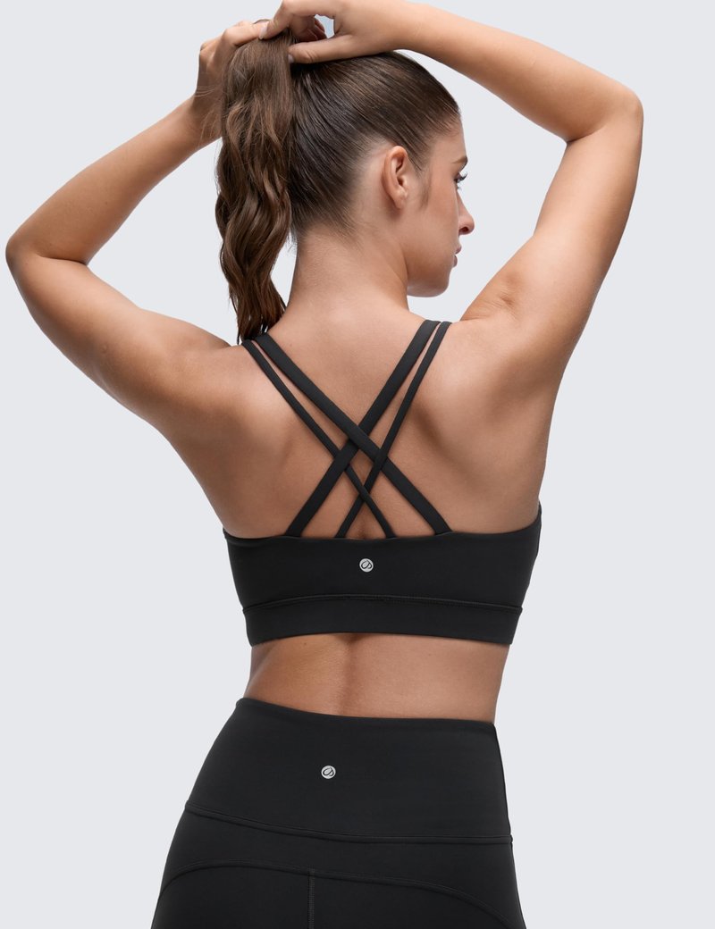 CRZ YOGA Softness Mold Butterluxe D/DD Cup Longline Sports Bras for Women - Supportive Double Straps Cross Back Yoga Top Black Large