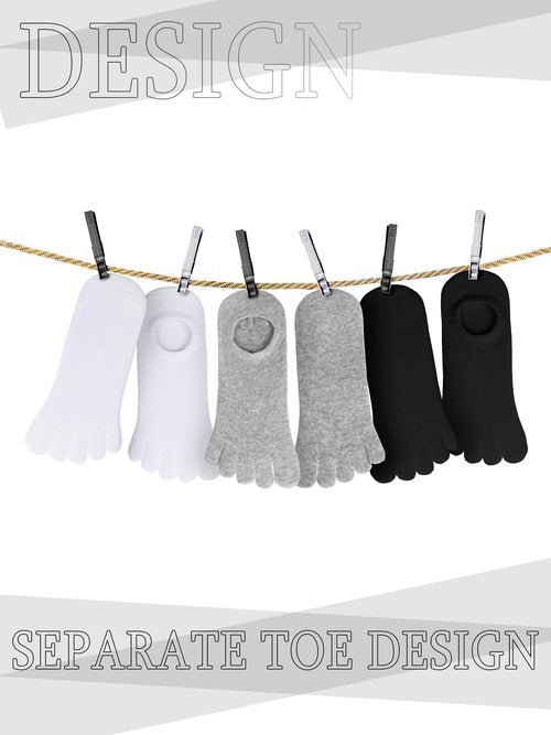 Bencailor 6 Pairs Women Toe Socks Cotton Ankle No Show Low Cut Socks with Toes for Women Men Running Athletic (Black,White,Gray,9-11)