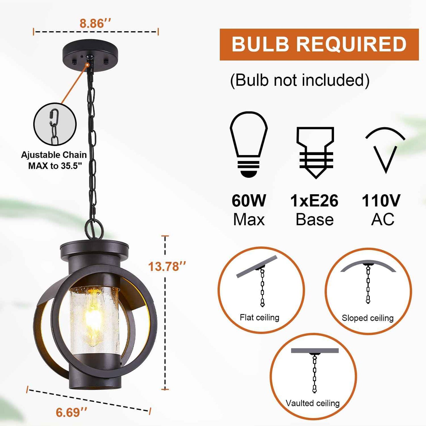 Motion Sensor Outdoor Pendant Light Fixture, Farmhouse Exterior Hanging Lamp with Adjustable Chain, Anti-Rust Aluminum Outdoor Chandelier, Large Exterior Ceiling Mount Hanging Light for Entryway,Porch