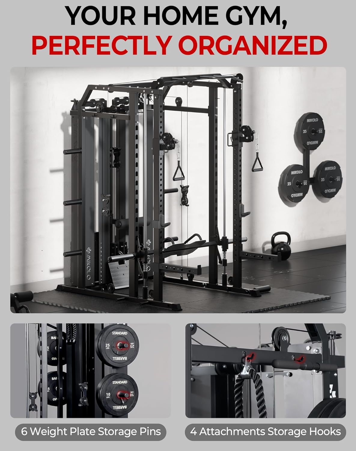Mikolo Smith Machine - Multi-Functional Home Gym System with Weight Stack & LAT Pulldown | 10+ Free Attachments