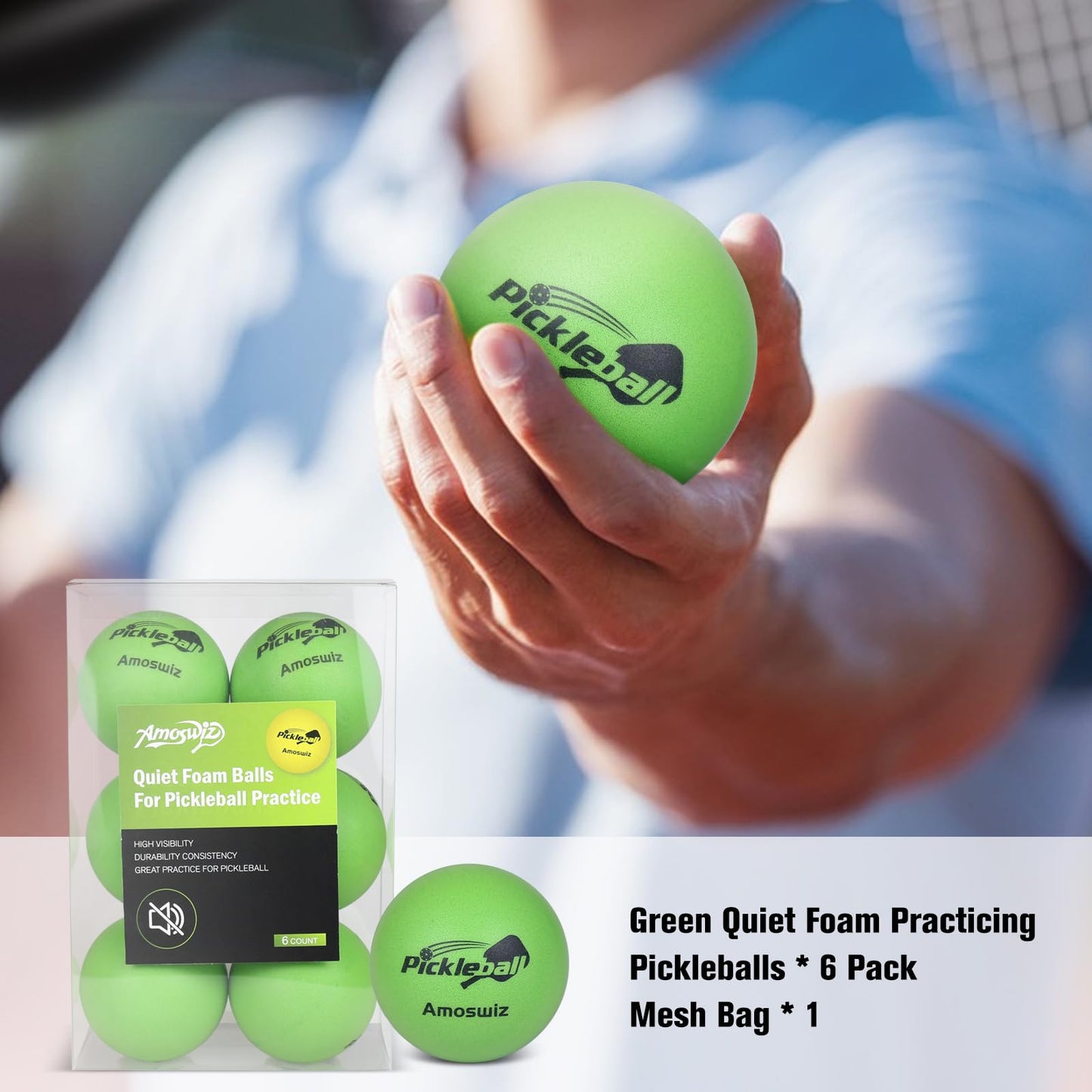 Amoswiz Silent Pickleball Balls, 6 Pack of Foam Pickle Balls for Practice, Noise Reducing Soft Pickle Ball, Quiet Pickleballs with Mesh Bag