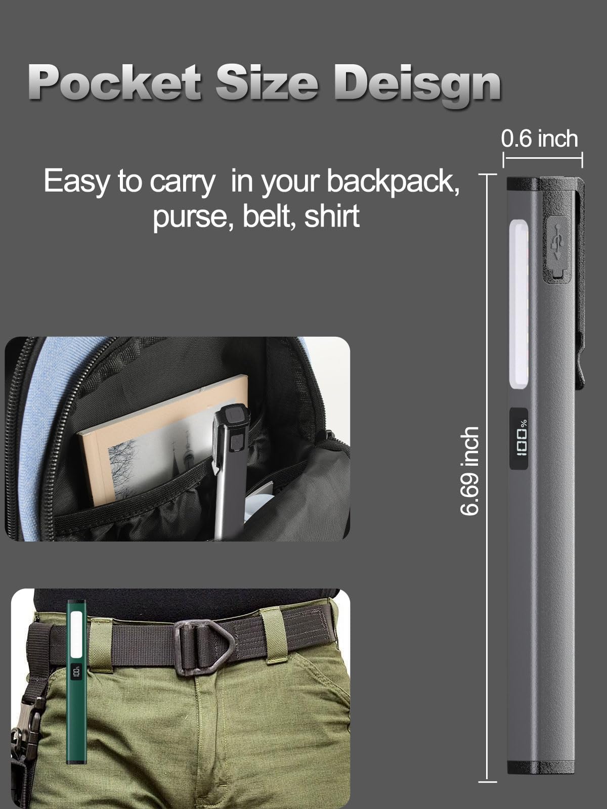 Tileon Rechargeable Pen Flashlight with 6 Modes & Power Display,Type-C Charging LED Pen Light with COB Light,Portable Pocket Flashlight for Camping, Emergency, Home (Gray)