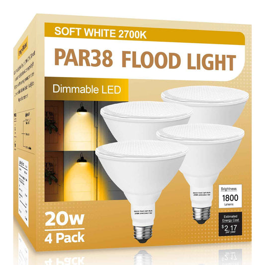 LOXYEE PAR38 LED Outdoor Flood Light Bulbs 4 Pack，Dimmable 20W(200W Equivalent) E26 Base Flood Light Bulbs,2700K Soft White 1800 Lumens LED Flood Light for Outdoor Garden,Garage,Yards
