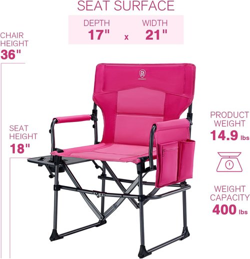 Ever Advanced Camping Directors' Chair - Heavy Duty Folding Chair with Side Table & Pocket | Compact Pink, 400lbs Capacity
