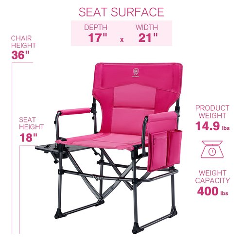 EVER ADVANCED Camping Directors' Chair with Side Table, Portable Folding with Compact Size, Heavy Duty Lawn Chair with Pocket for Camping, Lawn, Sports and Fishing, 400lbs, Pink