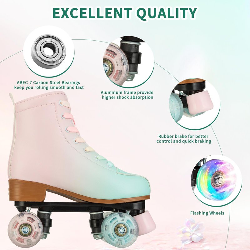 jessie Roller Skates for Girl and Women, PU Leather Fantastic Flash Wheel Kid Roller Skates Girls Ages 6-12 Beginner for Indoor Outdoor (Green Pink 35)