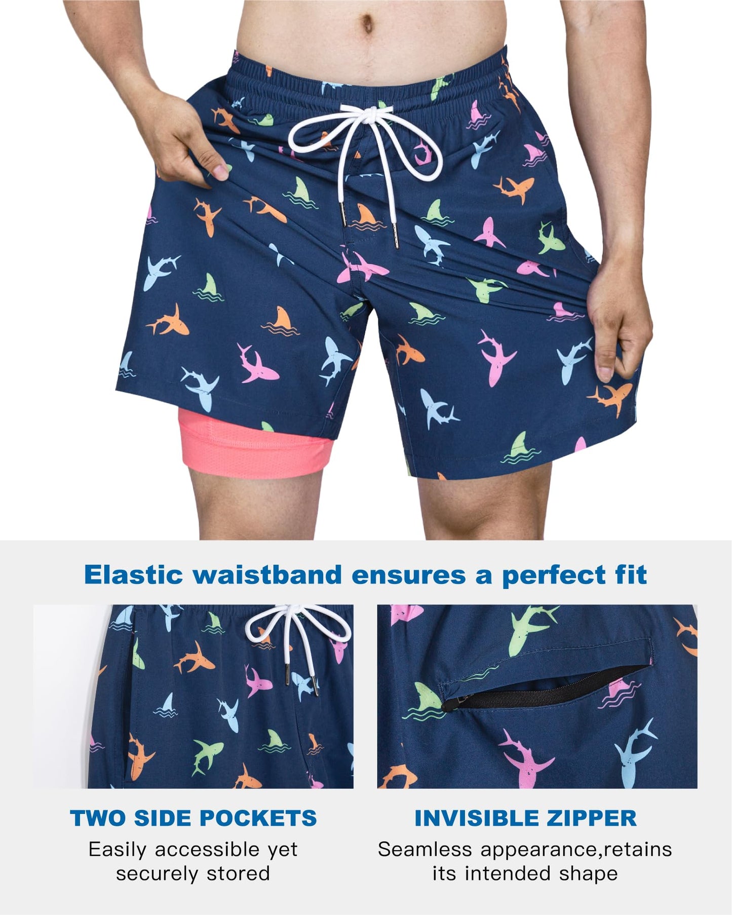 SURF CUZ Mens Swim Trunks with Compression Liner Quick Dry Swim Shorts 7" Swimming Trunks Stretch Bathing Suit 7 Inch,01 Rainbow Dolphins,S