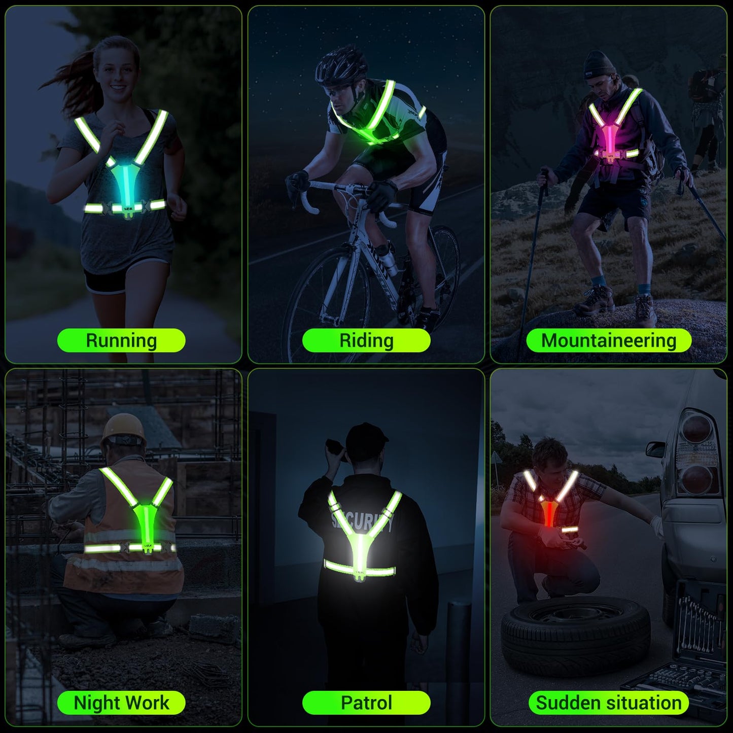 VJEUK Led Reflective Vest Running Gear，7 Lights Colors Light Up Running Vest, Rechargeable High-Visibility Adjustable Vest for Running, Cycling, and Night Activities（Green）