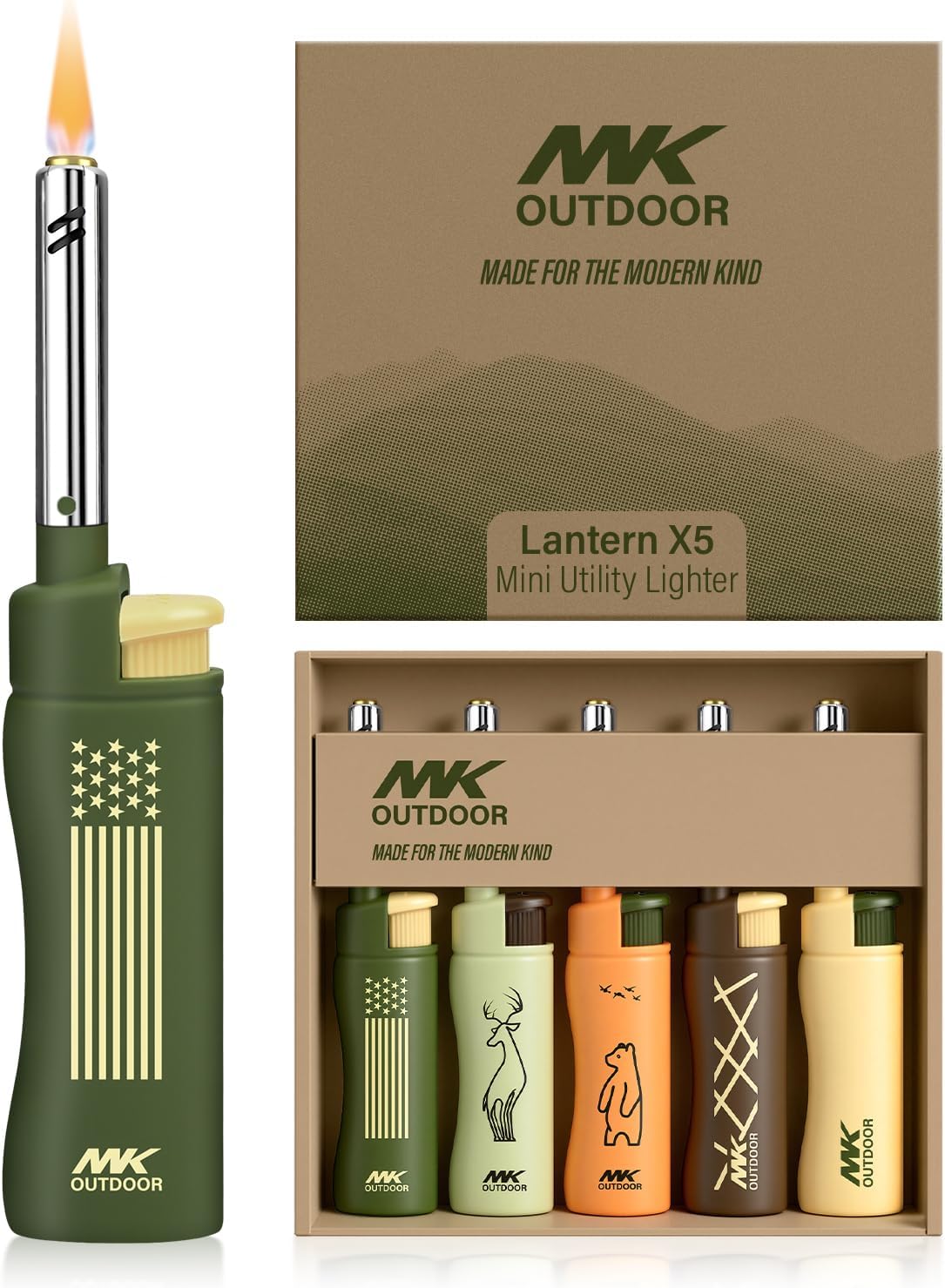 MK Lighter Outdoor Series - Windproof Torch Flame Candle Lighters | 5-Piece Set for BBQ & Camping