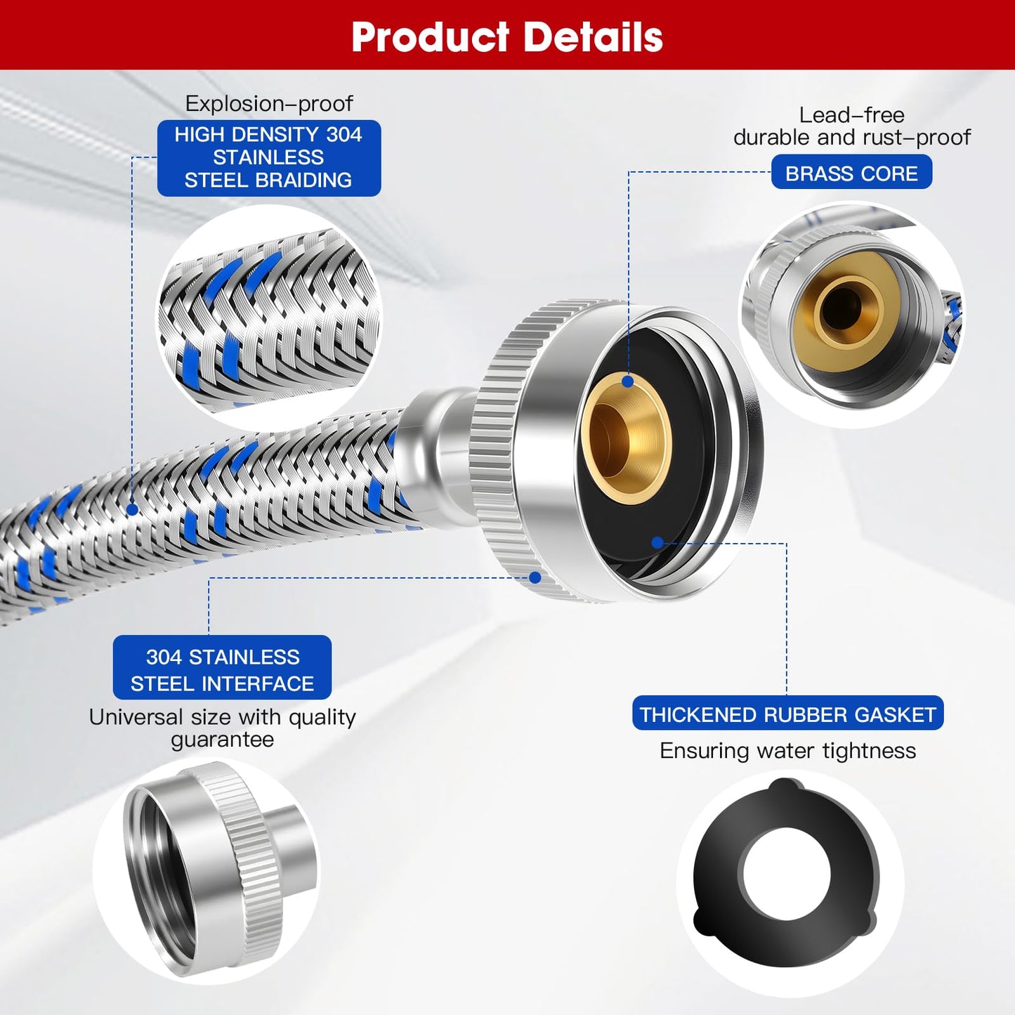 Gecyfit 4 FT Washing Machine Hoses, 2 Pack Premium Stainless Steel Washer Hose, Explosion-Proof Durable Hot & Cold Water Supply Lines, Perfect Fit Washer Connection Hoses for All Washing Machines