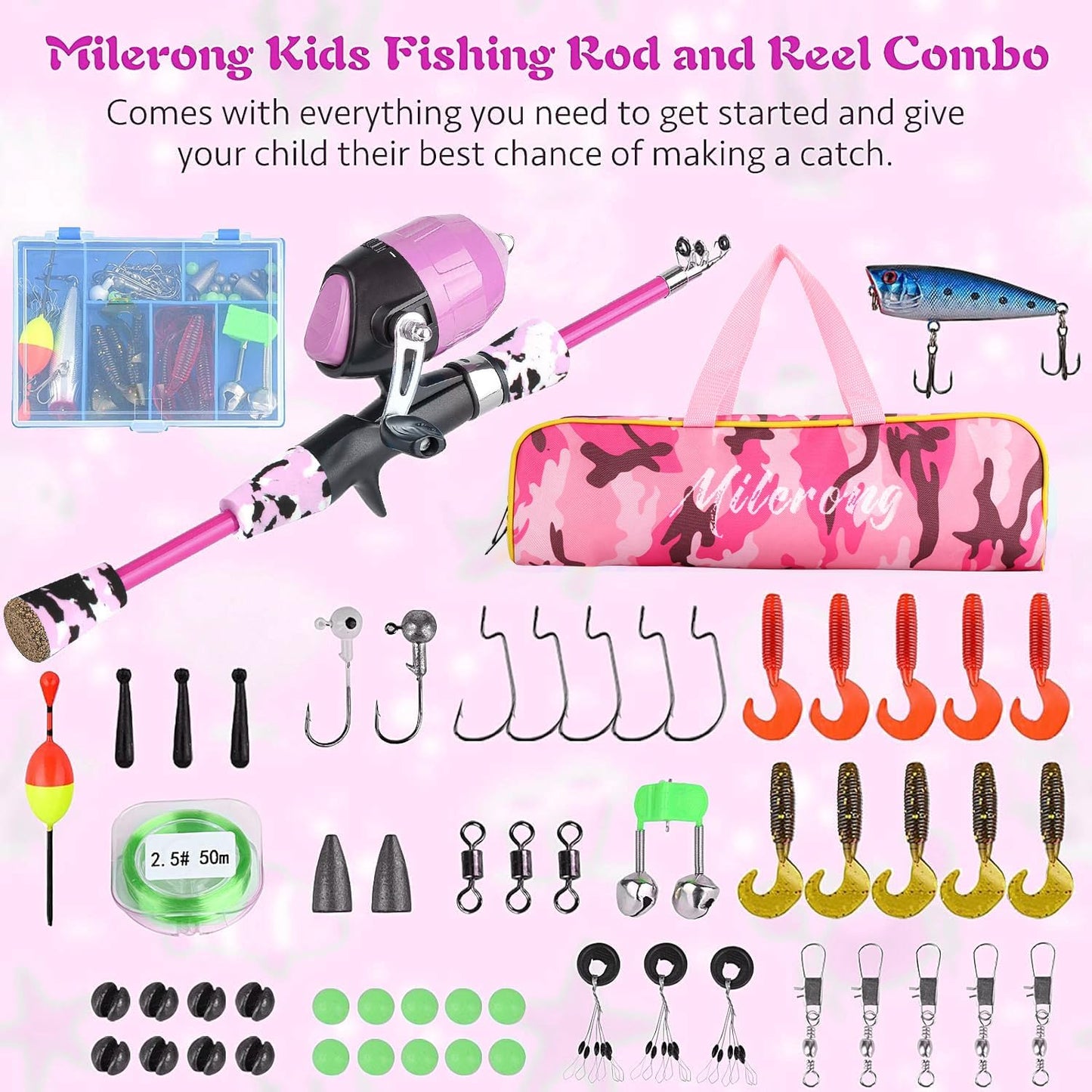 Milerong Kids Fishing Rod - Portable Telescopic Fishing Pole & Reel Combo Kit for Boys & Girls