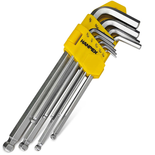 Hanpex Long Arm Hex Key Allen Wrench Set with Ball End, Ball-End Hex Allen Key, Allen Wrench Set Chrome Vanadium Steel(Cr-V), Tamperproof TORX L- Key Set (9Pc Imperial)