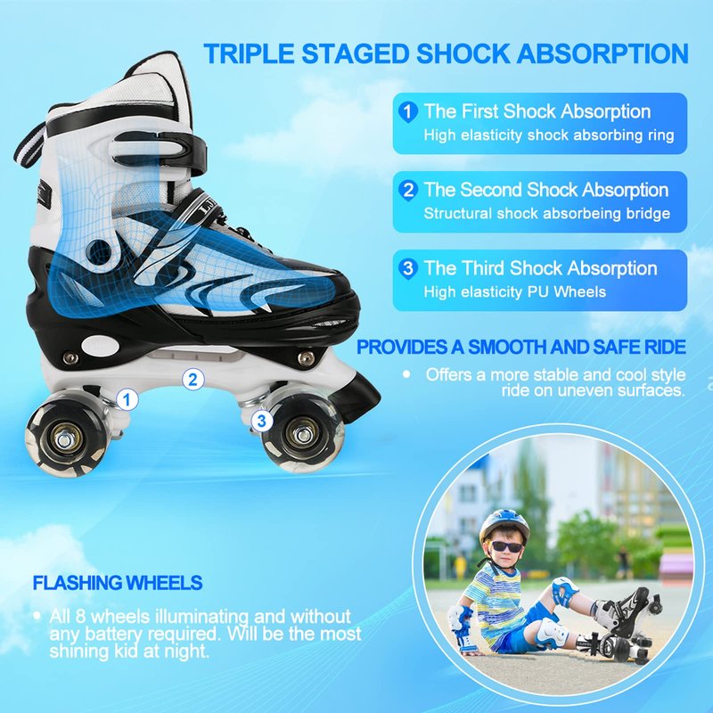 ZHUKAIKJ Adjustable Roller Skates for Toddler Kids & Adults - Light Up Wheels, 4 Sizes