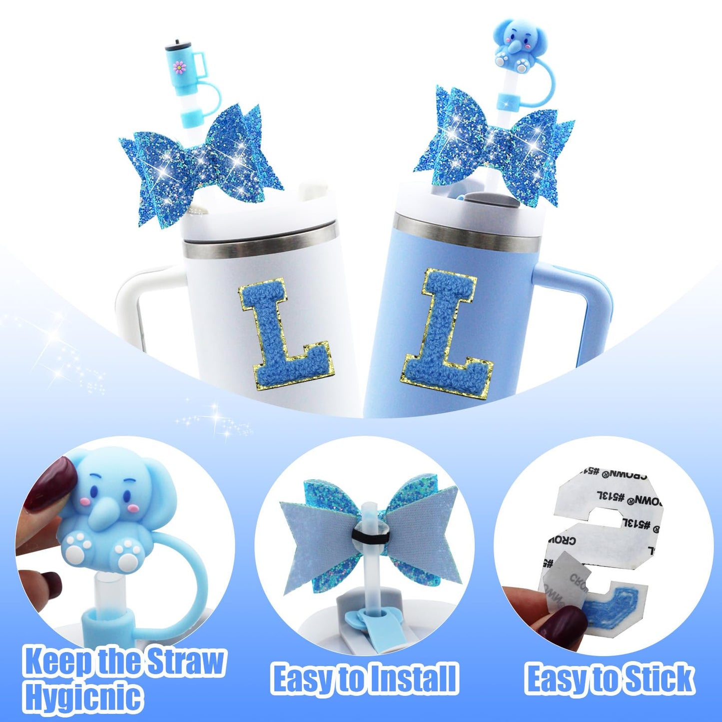 Liangang 9PCS Cup Accessories Set For Stanley 30oz 40oz,Including 2PCS Stanley Straw Cover and Boot,Spill Proof Stopper,Handle Charm,Bow straw,2PCS Sticker Letter (Letter L)