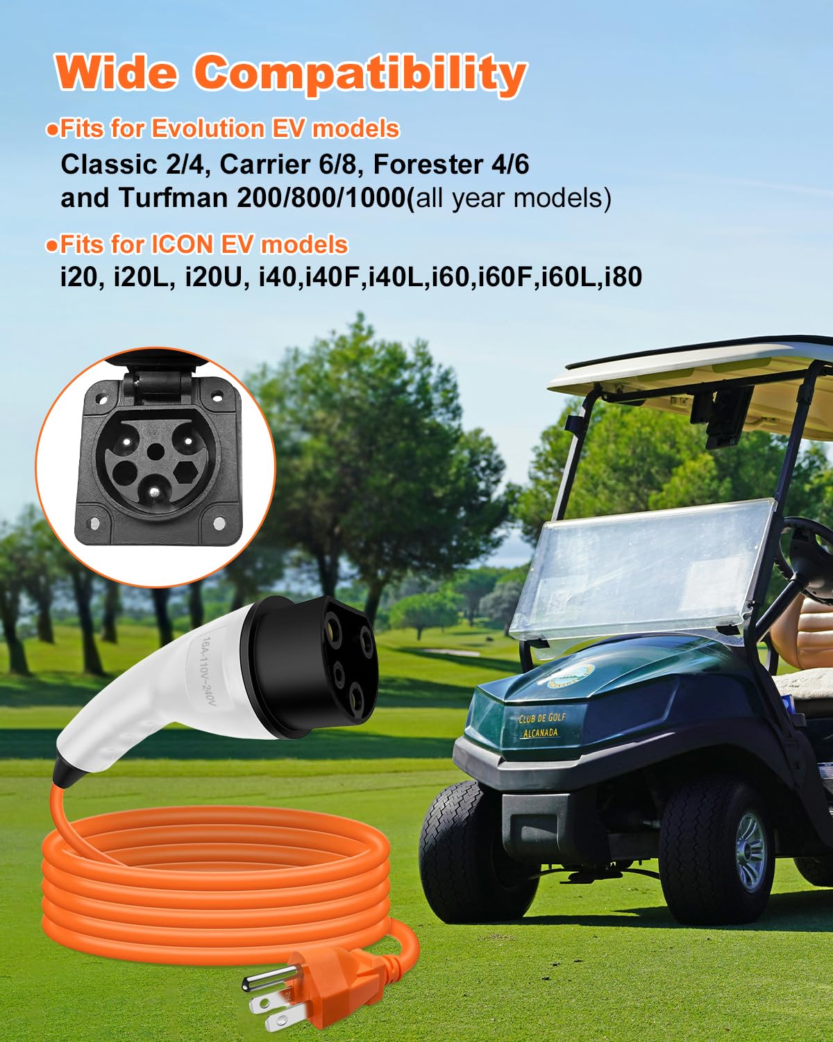 yourheey Charging Power Cord Assembly Fits for Evolution ICON Golf Carts,110V-240V 16A 3 pin Golf Cart Charge Plug and 10FT Cable,Replace OEM# 2.04.0620 ST-031016-PT （Plug and Play）