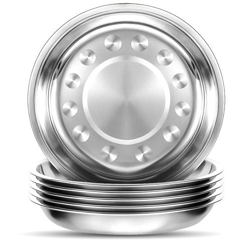 Bruislard 6 Pieces Stainless Steel Round Plates, 9 Inch Dinner Dishes, Feeding Serving Camping Plates for Home, Dishwasher Safe