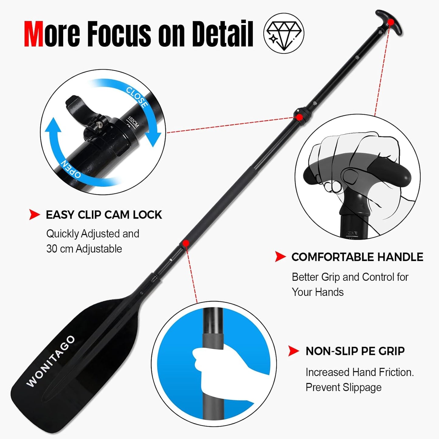 Canoe Paddles | Aluminum Oars with Floating Plastic Blades - Adjustable 122-152 cm (4-5 Ft) Black/Yellow