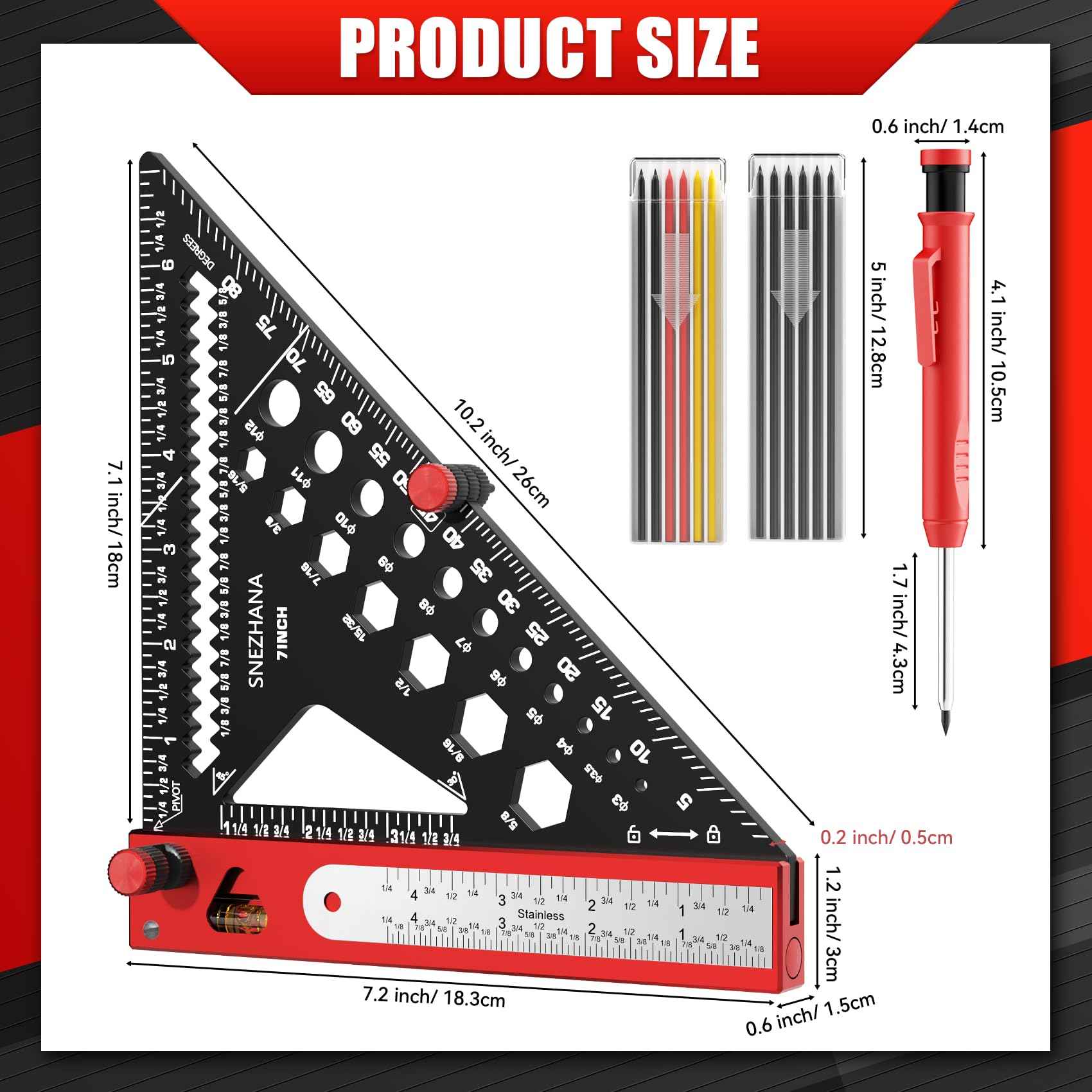 SNEZHANA 7" Rafter Square with Carpenter Pencil and Bubble Level, Multi Purpose Measuring Tool for Precision Woodworking, Roofing, and Framing