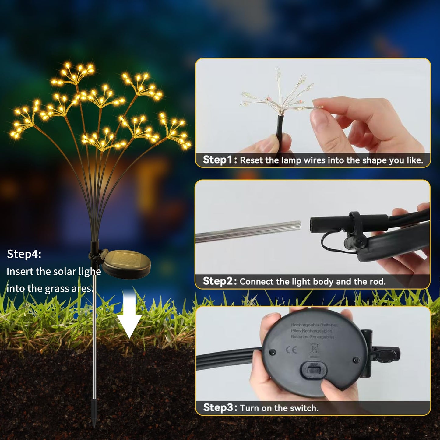 JJGoo Solar Garden Lights, New Upgraded 2 Pack Solar Swaying Starburst Light, Waterproof Fireworks Outdoor Lights, Yard Patio Pathway Decoration, Warm White