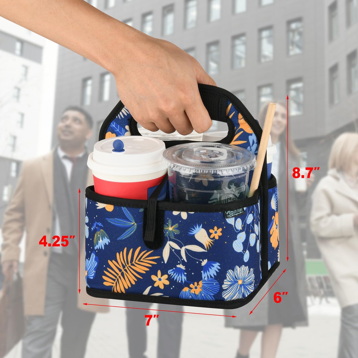 Beautyflier Reusable Insulated Coffee Cup Carrier, Portable Drink Holder with Handle Organizer Tote Bag for Hot & Cold Drinks (Blue Plants)