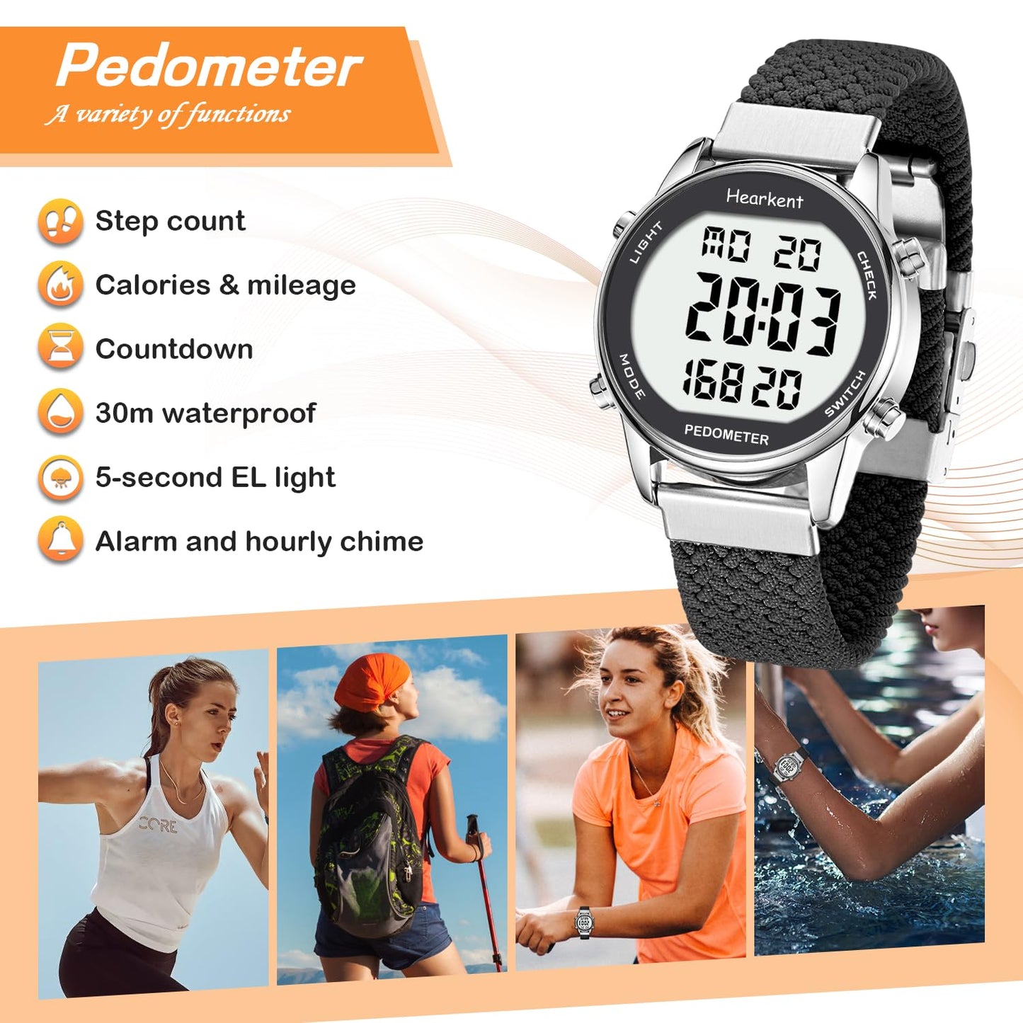 Hearkent Women Pedometer Watch-Step Tracker with Calories Counter-LCD Large Numbers-30M Waterproof-Pedometer Watch Step Counter for Walking(Black)