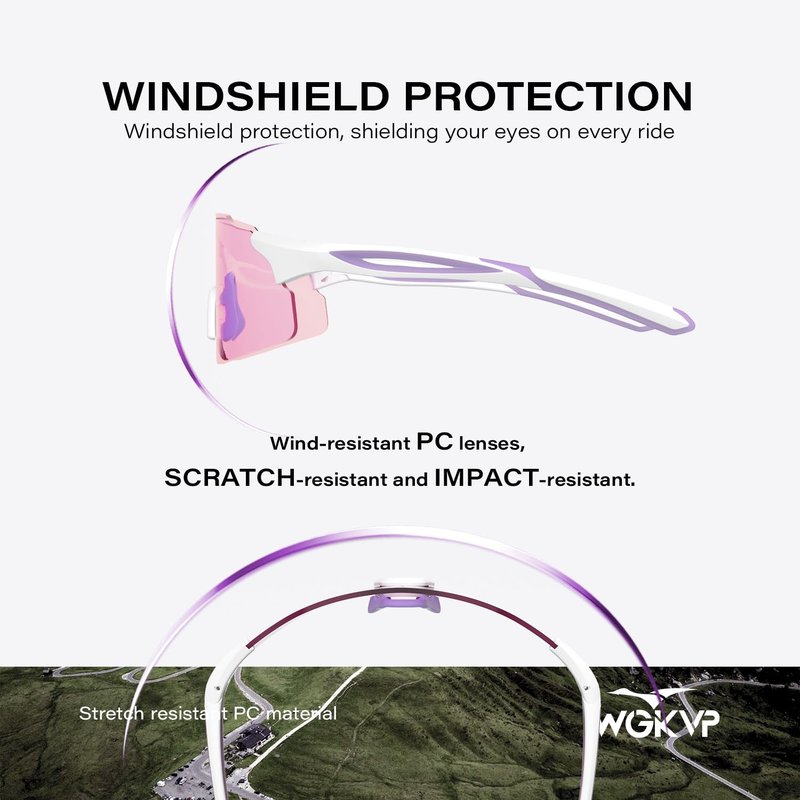 WGKVP Photochromic Running Glasses for Women and Man, with UV400 Protection Lightweight Wraparound Sports Glasses for Running & Outdoor Training (White Purple)
