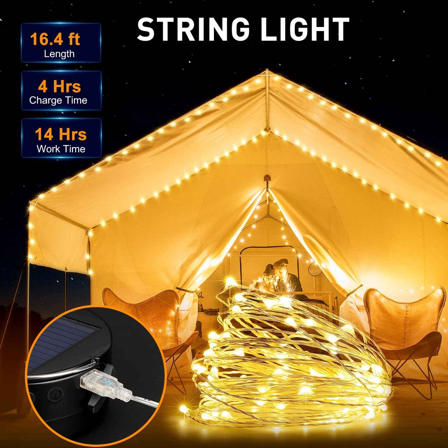 Camping String Light, Solar String Light with Camping Lantern (3 in 1 Design), Rechargeable and Portable for Camping,Emergency, Hiking.
