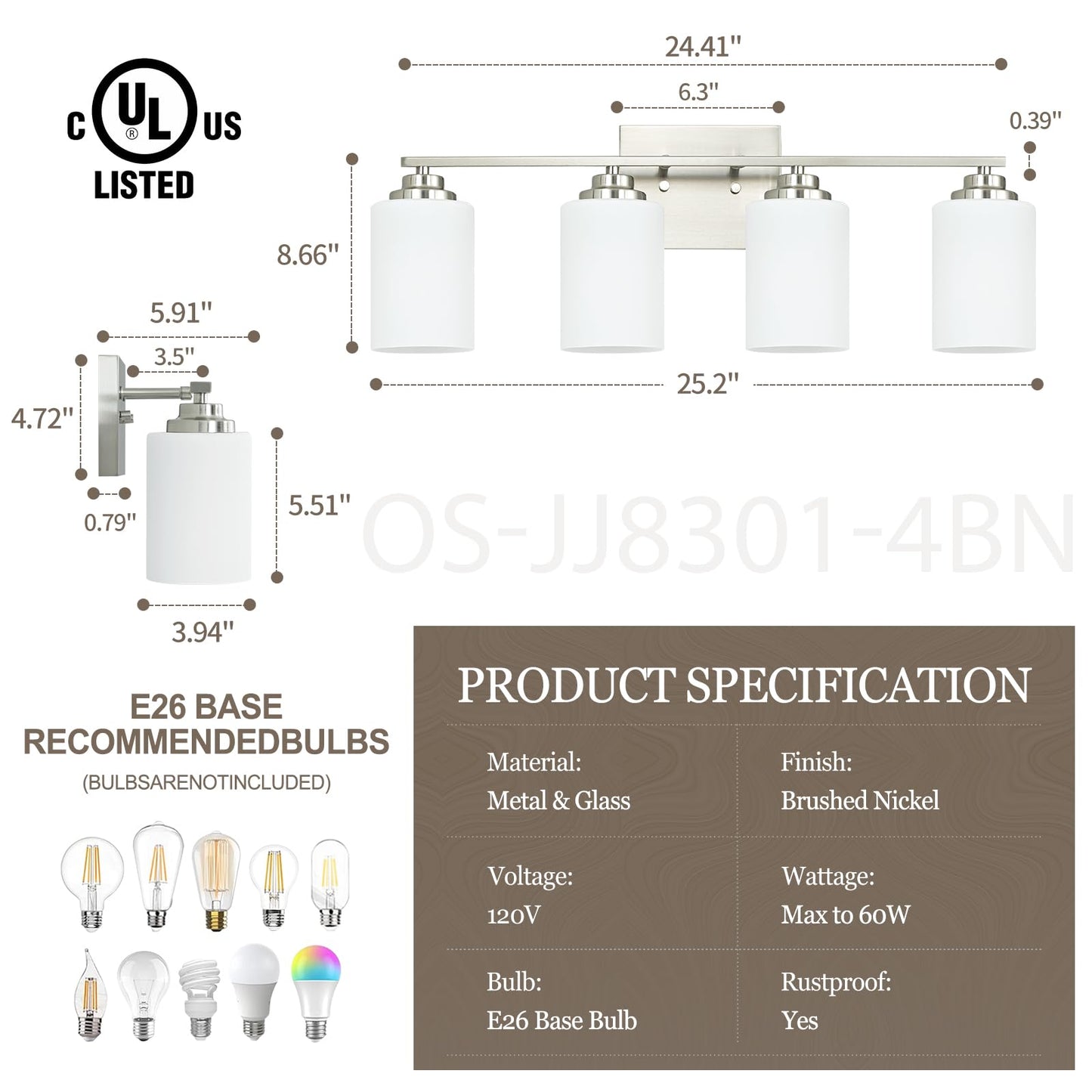 Osimir 4-Light Bathroom Light Fixtures, Brushed Nickel Bathroom Vanity Lighting Fixtures Over Mirror with Milky Glass, Modern Wall Sconce Lights for Bath, OS-JJ8301-4BN