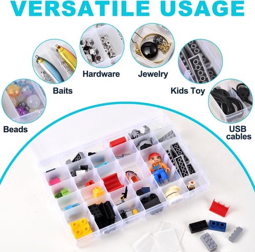 Clear Visible Plastic Storage Box by [Brand Name] - 2 Pcs Rectangular Organizer for Beads, Jewelry & Crafts | 36 Grids with Label Stickers