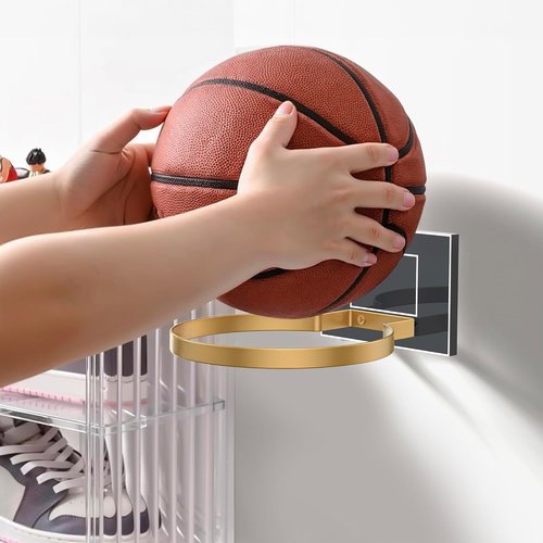 Ball Holder Wall Mount - Basketball, Soccer, Football & Volleyball Display Rack | Acrylic Base & Gold Metal Ring