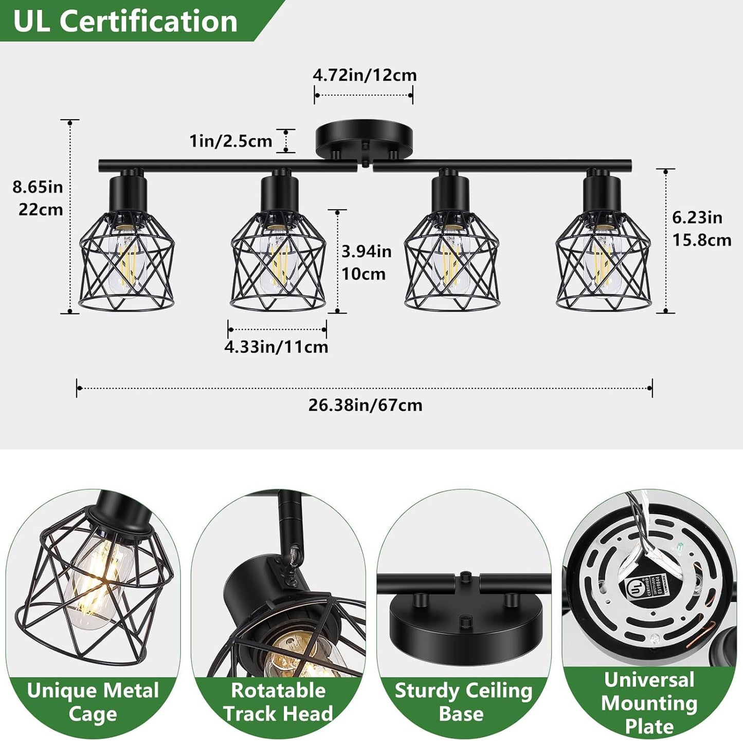 Adjustable 4-Light Semi Flush Mount Ceiling Light with Metal Cage - Farmhouse Style for Dining & Living Rooms