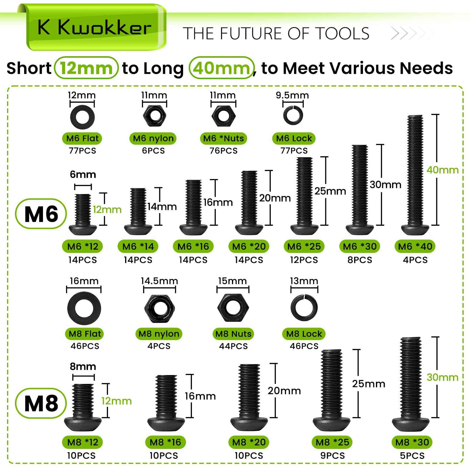 K Kwokker 500Pcs M6 M8 Metric Screws Assortment Kit 12MM-40MM with Lock Nut, Button Head Hex Socket Nuts and Bolts Assortment Kit, 10.9 Alloy Steel Machine Screws w/Washers, M6x1.0 Bolt, M8x1.25 Bolt