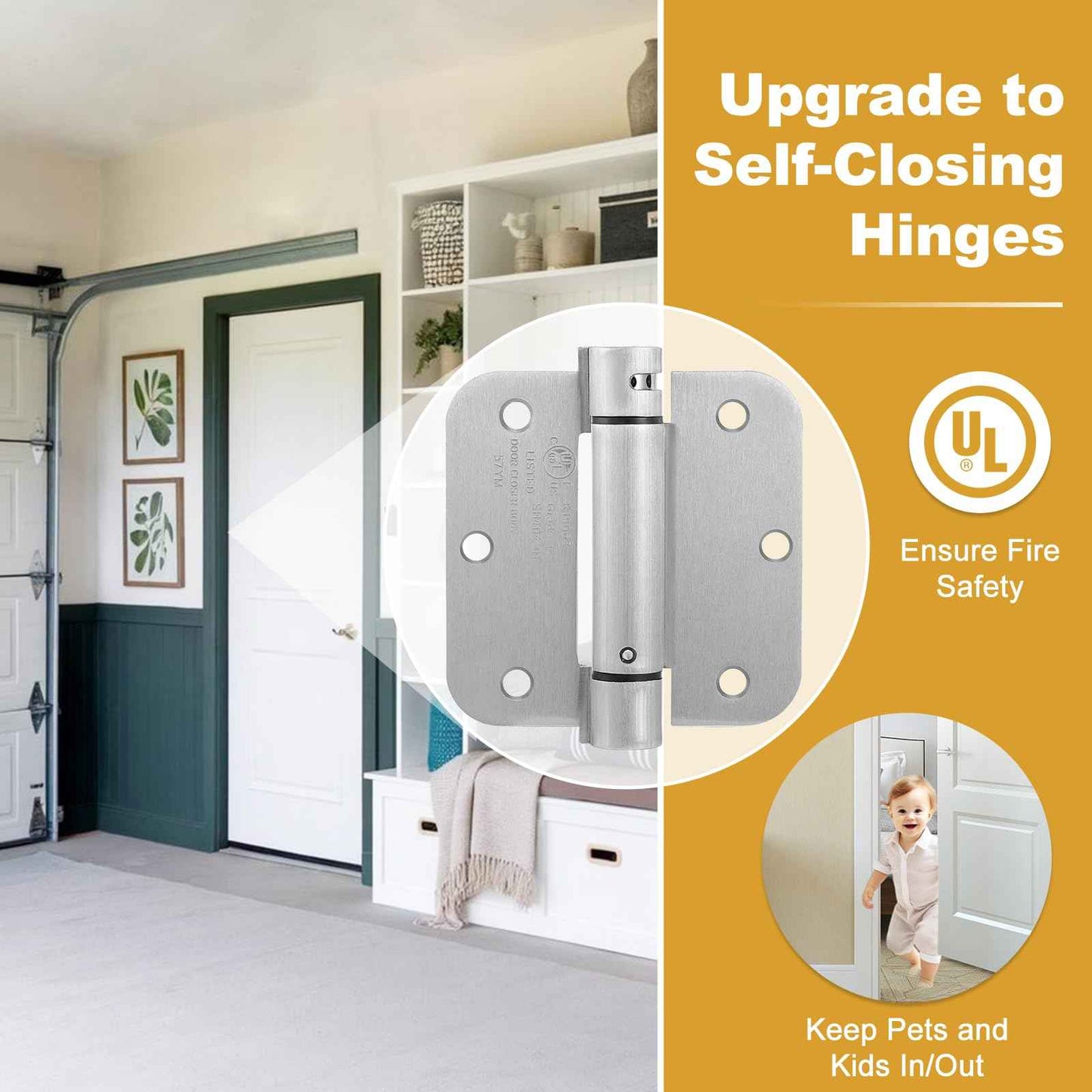 2 Pack | Self Closing Door Hinges 3.5”×3.5”, HBL' Automatic Door Closer Hinges with 5/8" Radius Corners, Adjustable Spring Door Hinge for Home, Garage & Basement Doors.