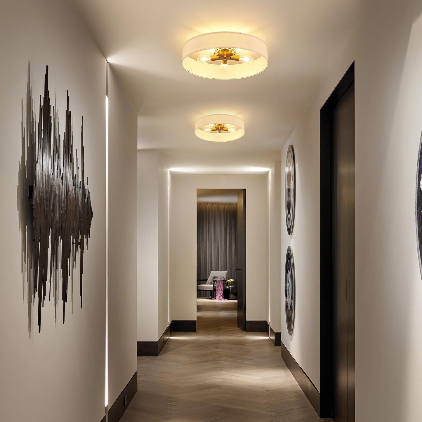 VILUXY Gold Semi-Flush Mount Ceiling Light Fixture with 24" Large White Fabric Drum Shade 5-Light for Bedroom Dining Room Entryway Round Ceiling Lamps