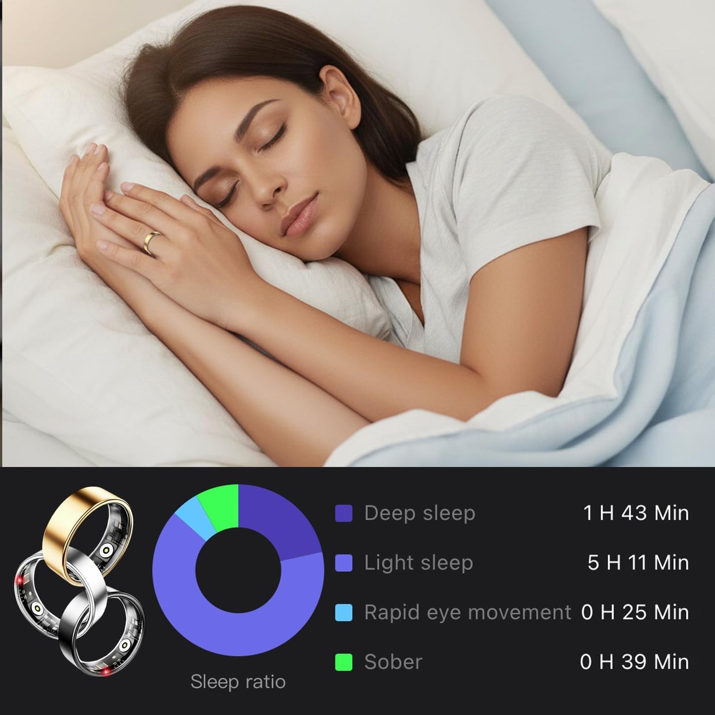 VAMOTRA Smart Ring for Women & Men, Fitness Tracker Ring with Heart Rate Monitor, HRV, Sleep Tracking, No Subscription Fee, 10ATM Waterproof Activity Ring for iPhone & Android (Gold, 8#)