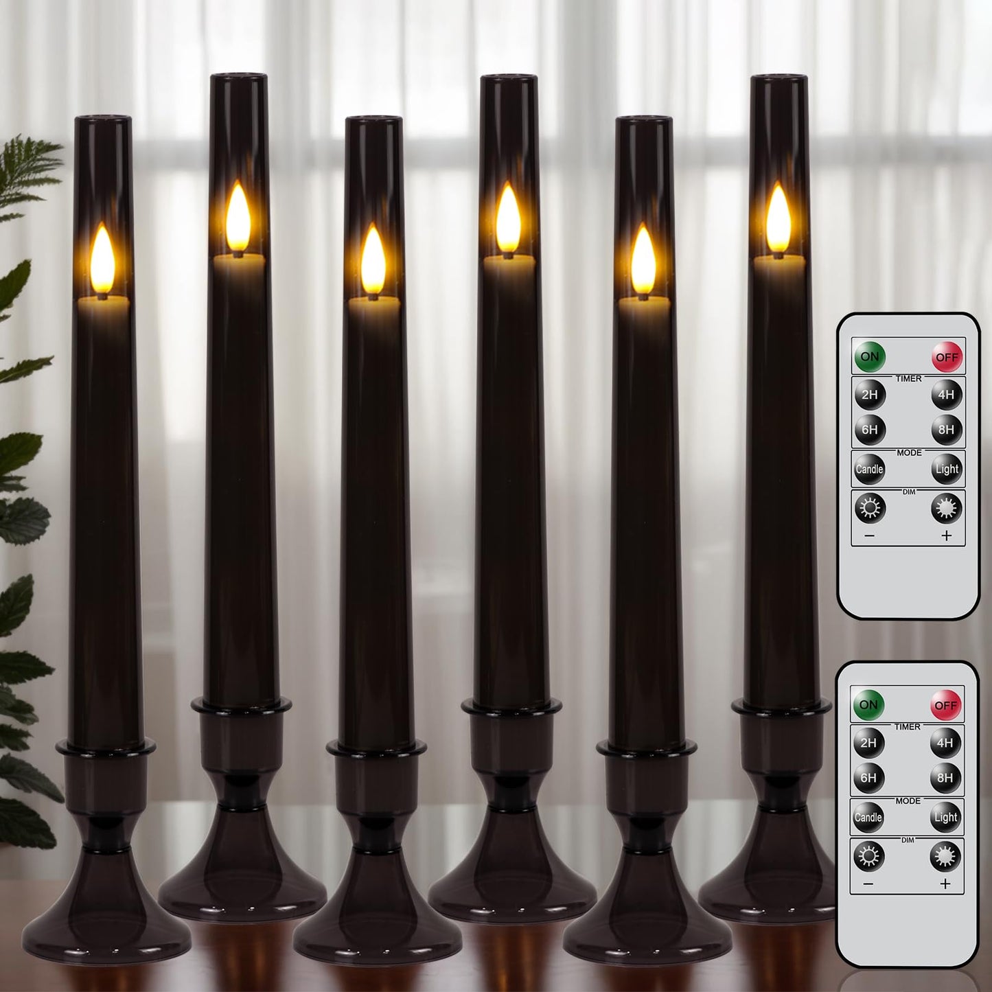 KunSwenn Black Flameless Taper Candles with Remote, Halloween Battery Operated Taper Candles with Base, LED Flameless Battery Candlesticks for Home Holiday Decor(Set of 6, Acrylic Shell)