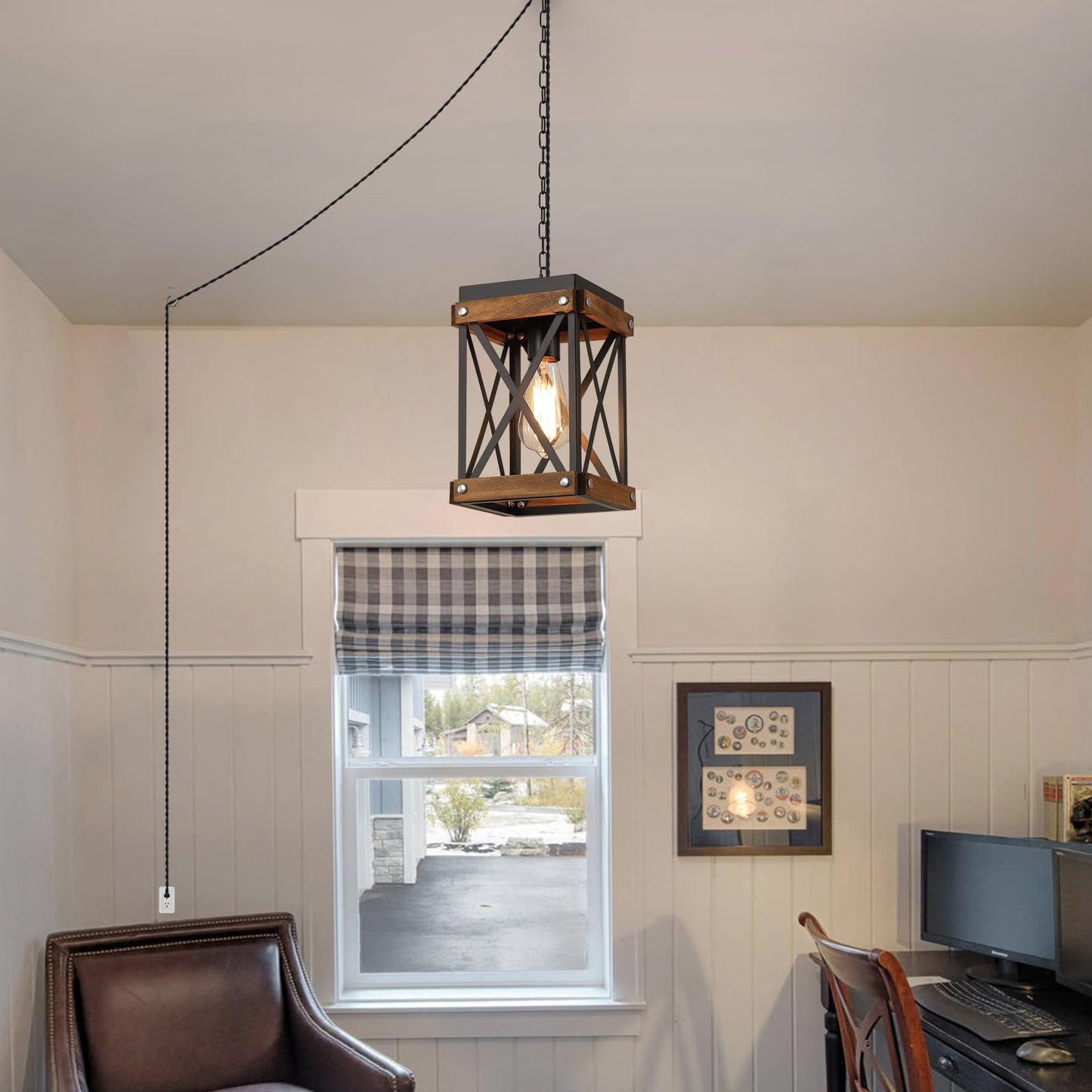 2 Pack Rustic Farmhouse Plug in Pendant Light Fixture with Adjustable Chain, Oak Wood and Metal Lantern Cage Mini Hanging Lamp for Kitchen Island Living Room Hallway Farmhouse Bar, Black