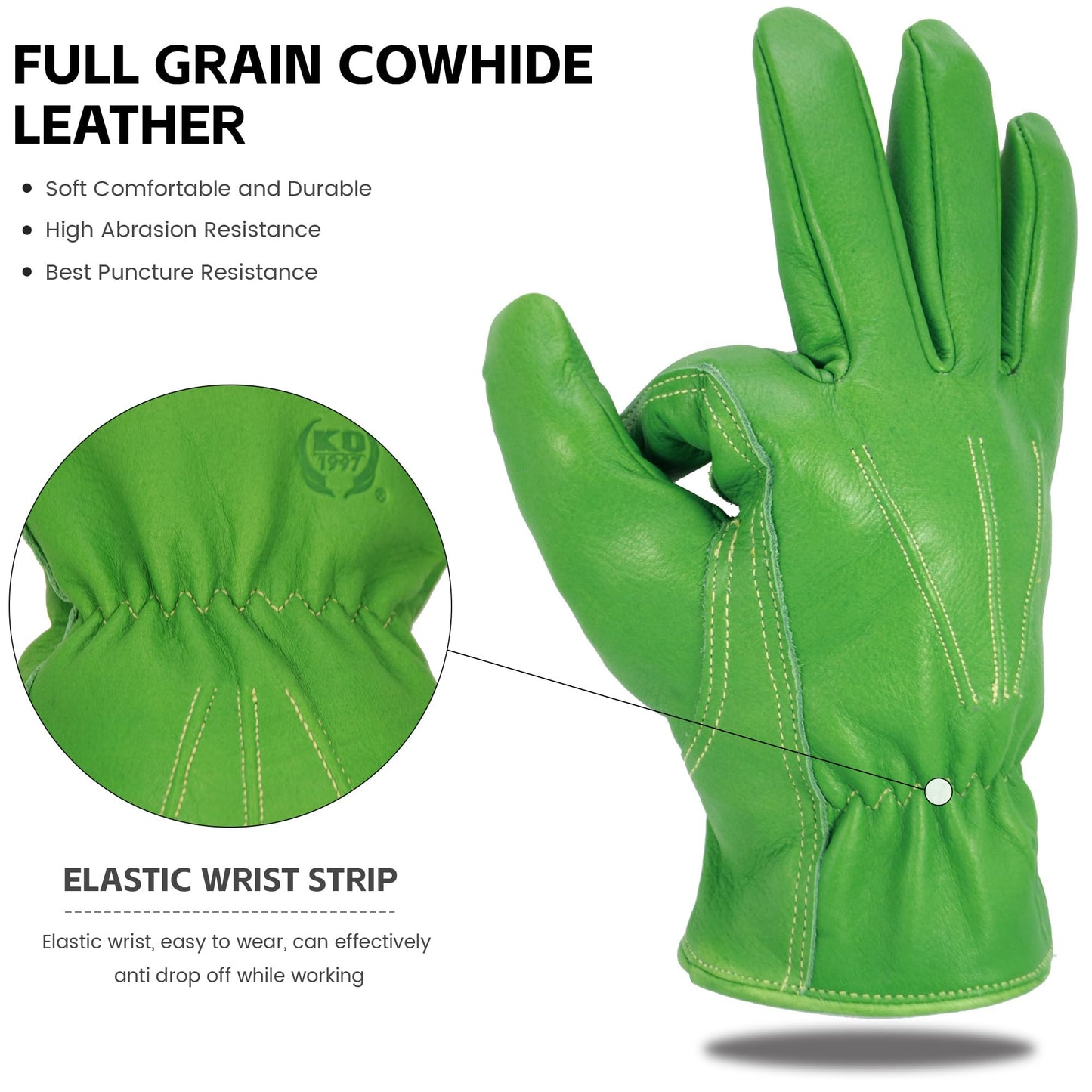 KKOYING Leather Work Gloves for Men & Women, Reinforced Durable Gardening Gloves,Cowhide Work Gloves,Puncture & Cut Resistant (Green, Small)