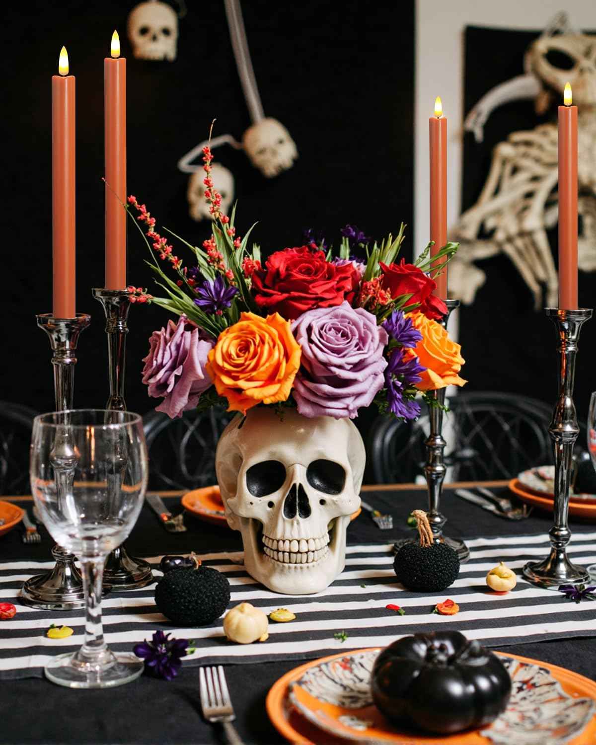 SUNGEGE Orange Flameless Taper Candles, 6 Pack, 0.78 x 9.9 Inches, LED Flickering with 2 Remotes, Battery Operated for Halloween, Fall, and Thanksgiving Decorations