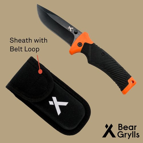 Bear Grylls Ultimate Folding Knife, 3.6" Steel Blade, EDC Knife with Rubberized Grip, Includes Sheath with Belt Loop - Black and Orange