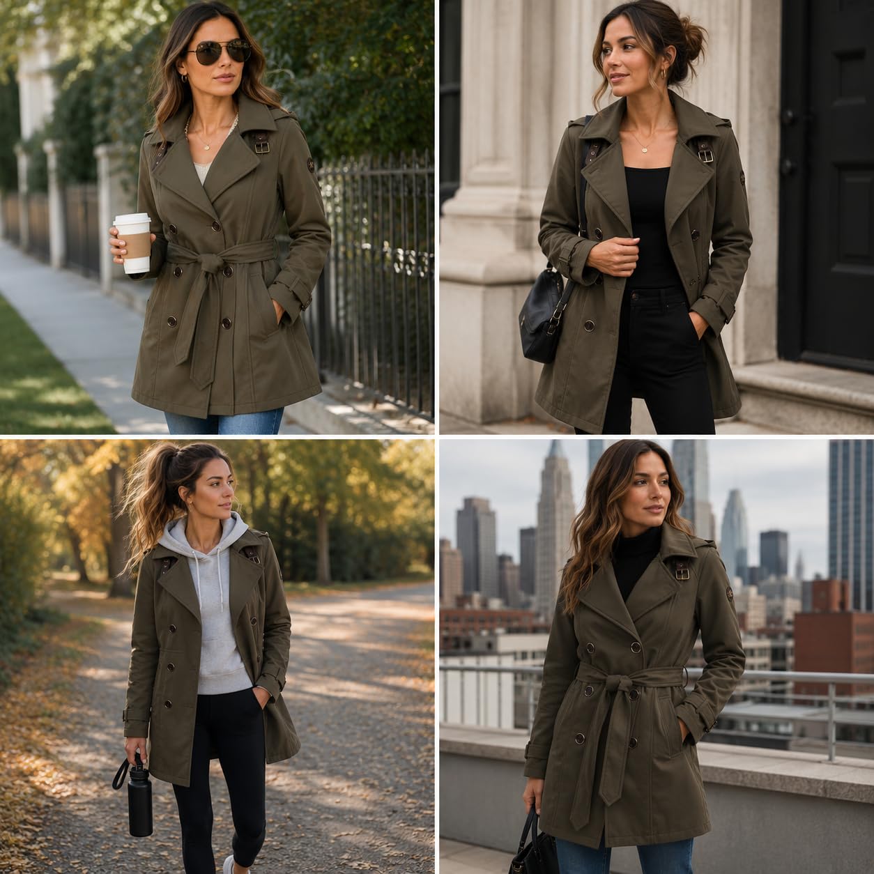 Jessica Simpson Womens Trench Coat - Lightweight Belted Softshell Jacket - Polar Fleece Lined Hooded Long Coat for Women, Size Large, Olive