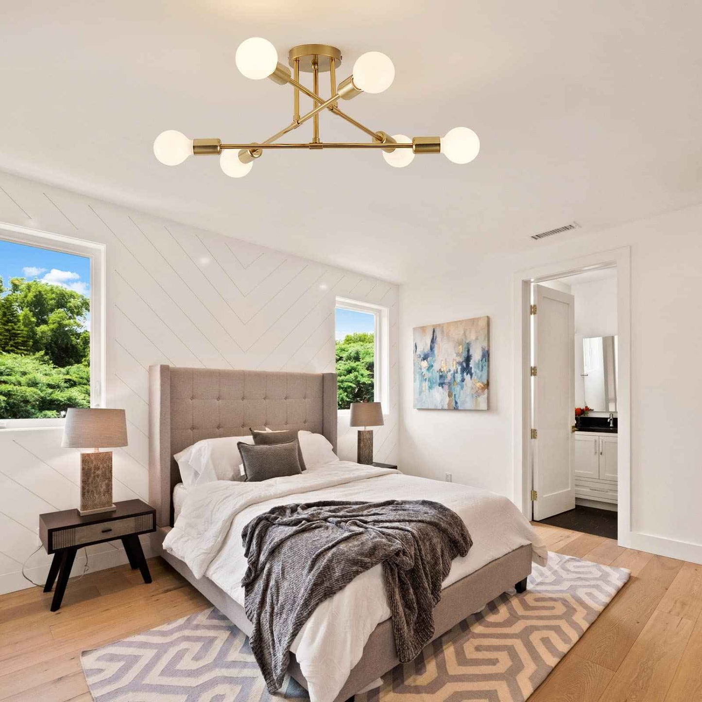 YXTH Semi Flush Mount Ceiling Light Fixture, 6 Lights Modern Sputnik Chandelier Ceiling Lamp with E26 Bulb Base, Light Fixtures Ceiling Mount for Bedroom Kitchen Living Room Hallway (Gold)