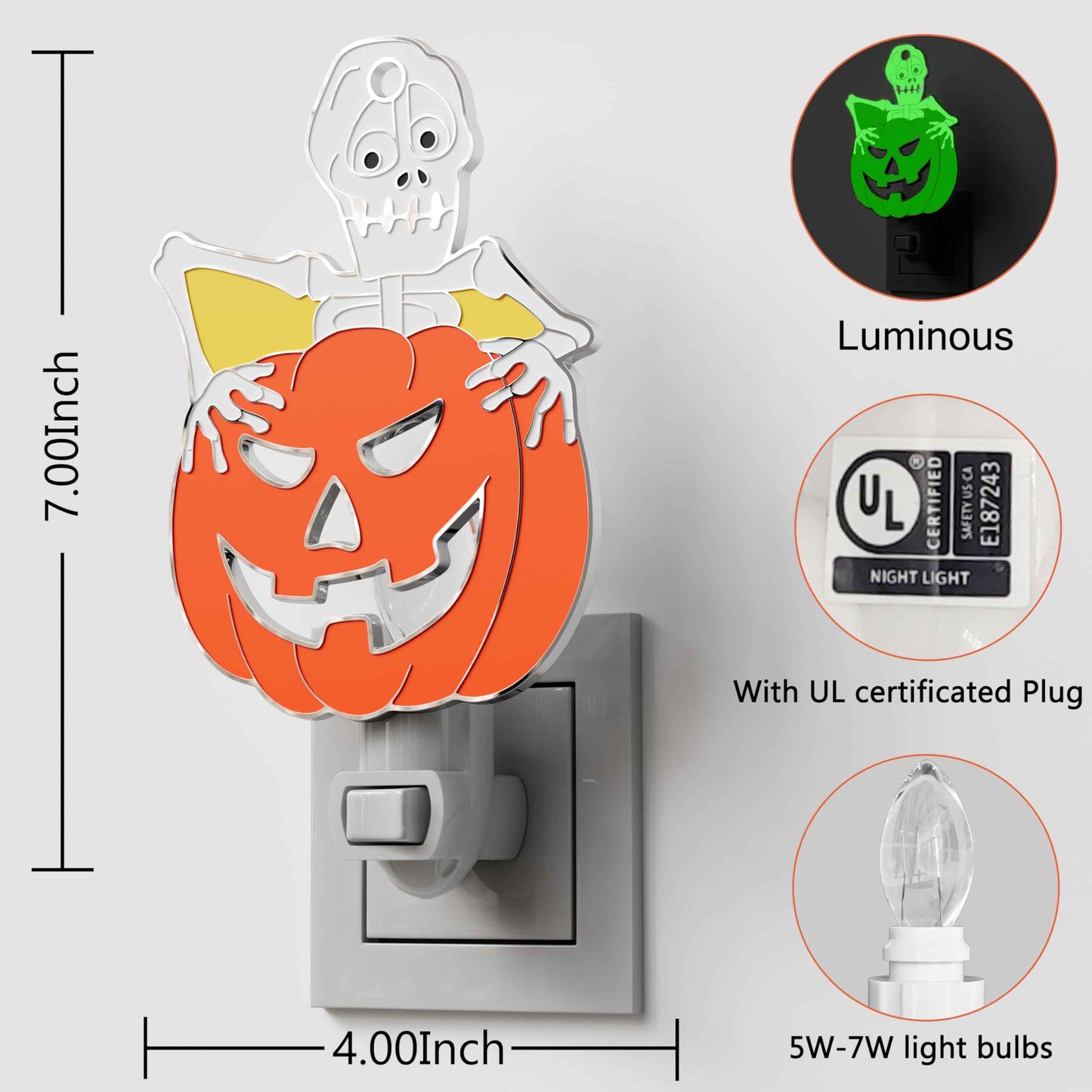 KUNDGLA Night Lights Plug into Wall,Halloween Skull Pumpkin 7W Plug in Night Light Dusk to Dawn 3000K Warm White Nightlight Switch-On/Off for Adult Kids Room Bathroom Hallway Kitchen Home Party Decor