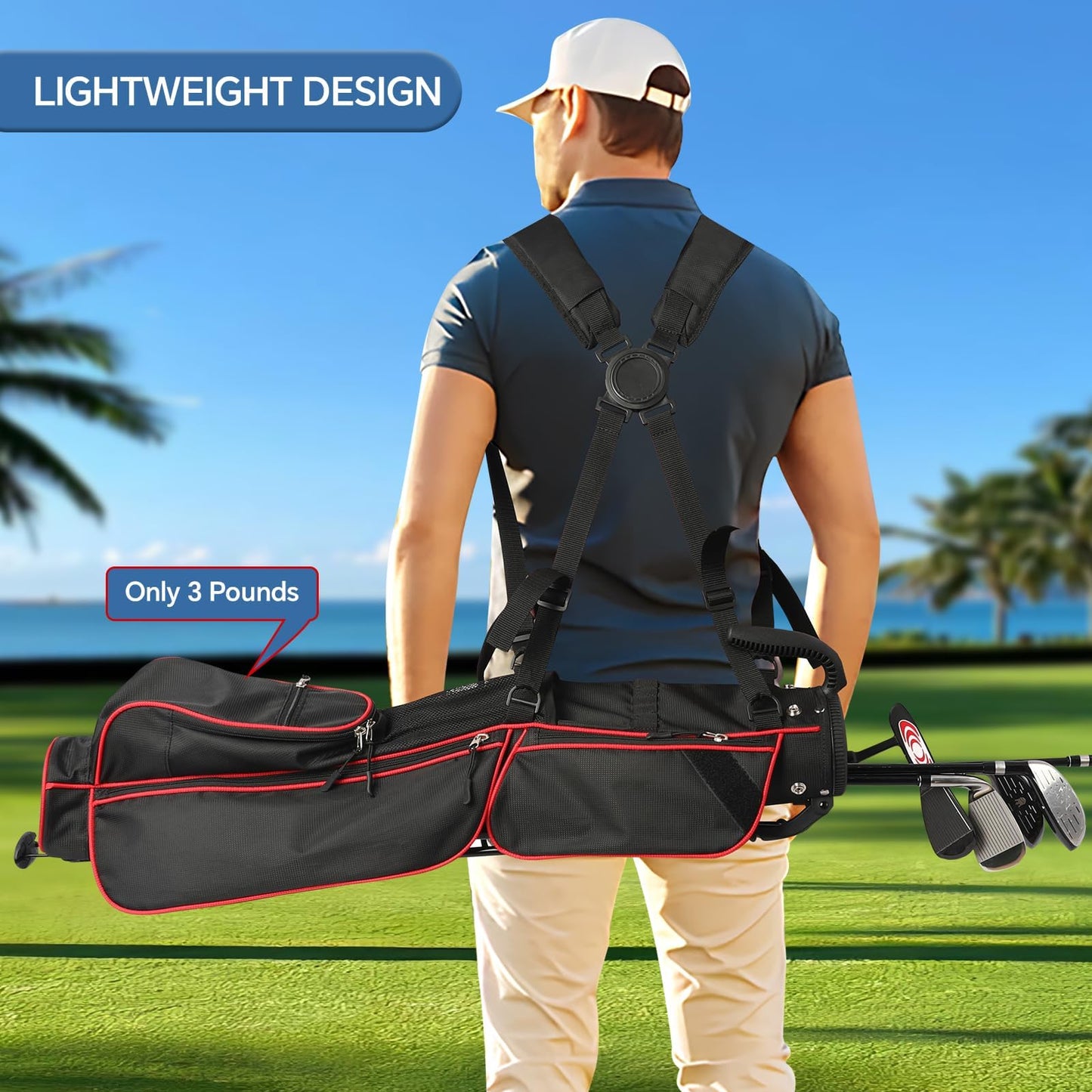 Golf Stand Bag 2 Way Divider，Par 3 Golf Bag with 6 Pockets Holds Up to 7 Clubs Dual Strap Small Golf Bag for Men & Women